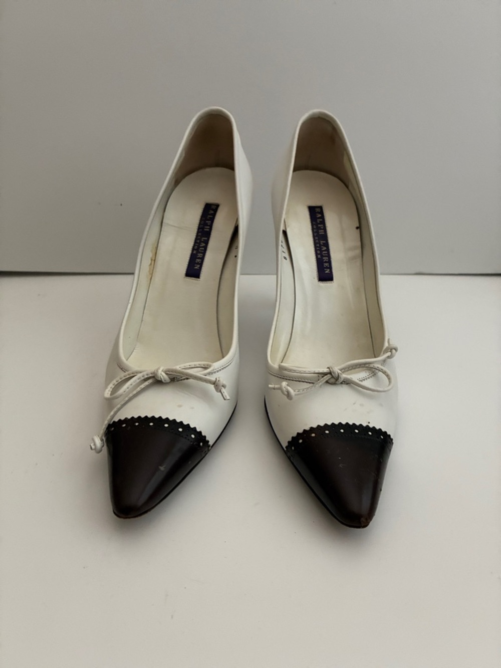 Ralph Lauren Collection Two-Tone White and Dark Brown Pointed Toe Pumps with Bow